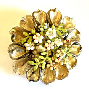 Vintage Gold Tone Floral Costume Jewelry Brooch Enamel Rhinestone Glass Petals
